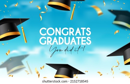 Graduation greeting vector background design. Congrats graduates text with 3d cap throwing celebration and elegant gold confetti for graduation ceremony messages. Vector illustration.
