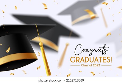 Graduation greeting vector background design. Congrats graduates text with 3d mortarboard cap and elegant gold confetti for graduation ceremony messages. Vector illustration.

