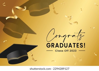 Diseño de fondo vectorial de saludo de graduación. Grados graduados de la clase de texto de 2023 con gorro de mortero 3d y confetti dorado para los mensajes de la ceremonia de graduación. Ilustración vectorial.