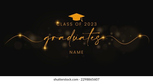 Graduation Grußkartendesign, Vektorhintergrund. Congrats Absolventen Klasse von 2023 Text mit Mortarboard-Mütze und Gold Fare für Graduierung Zeremonie Nachrichten. Vektorgrafik.