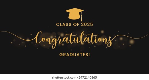 Graduation greeting vector background design. Congrats graduates class of 2025 text with mortarboard cap and gold flare for graduation ceremony messages. Vector illustration.