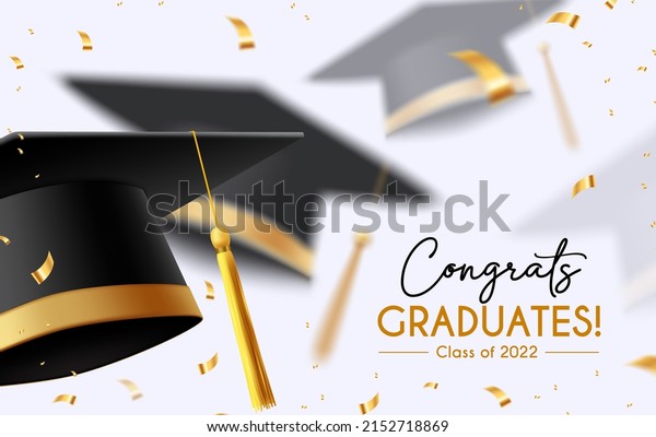 Graduation greeting\
vector background design. Congrats graduates text with 3d\
mortarboard cap and elegant gold confetti for graduation ceremony\
messages. Vector\
illustration.\
