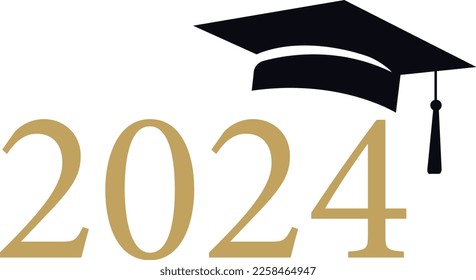 Graduation greeting vector design. Class of 2023 with graduation cap. Gold design for graduation ceremony. typography design template for shirt, stamp, logo, card, invitation etc. Vector illustration