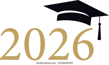 Graduation greeting vector design. Class of 2023 with graduation cap. Gold design for graduation ceremony. typography design template for shirt, stamp, logo, card, invitation etc. Vector illustration