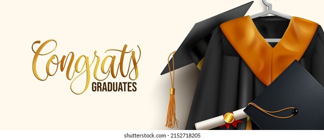 Graduation greeting vector design. Congrats graduates text with graduation dress and elements of mortarboard cap, gown and diploma for ceremony celebration messages. Vector illustration.
