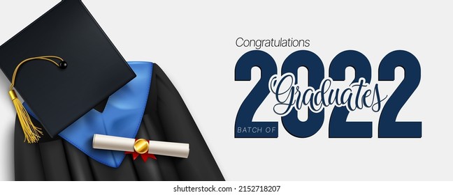 Graduation greeting vector design. Congratulations 2022 graduates text with 3d mortarboard cap, graduation dress and diploma elements for ceremony celebration messages. Vector illustration.
