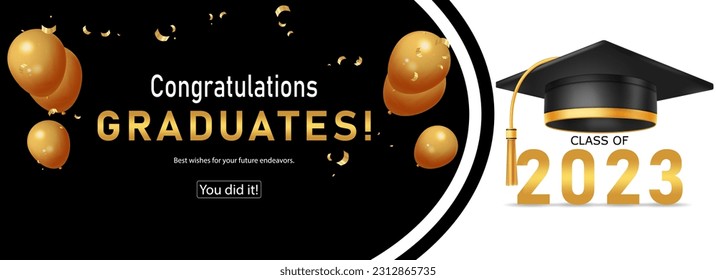 Graduation greeting vector design. Congratulations graduates text with mortarboard cap, elegant balloons and confetti elements for class of 2023 graduates celebration. Vector illustration for college 