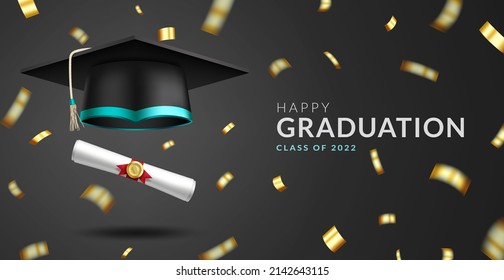 Graduation greeting vector design. Happy graduation text with mortarboard cap, diploma and confetti elements for class of 2022 graduates celebration. Vector illustration.  
