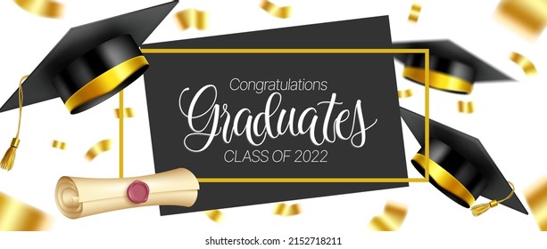 Graduation greeting vector template design. Congratulations graduates text with 3d mortarboard cap and diploma in confetti background for class of 2022 celebration messages. Vector illustration.
