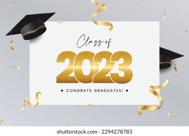 Graduation greeting vector template design. Congrats graduates text in white board space with 3d GRADUATION cap and gold confetti for class of 2023 celebration messages. Vector illustration