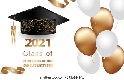 graduation greetings, realistic graduation cap, greeting banner, postcard, concept, graduation 2021, gold glitter, vector