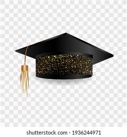 graduation greetings, realistic graduation cap, greeting banner, postcard, concept, graduation 2021, gold glitter, vector