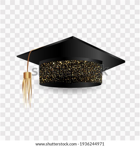 graduation greetings, realistic graduation cap, greeting banner, postcard, concept, graduation 2021, gold glitter, vector