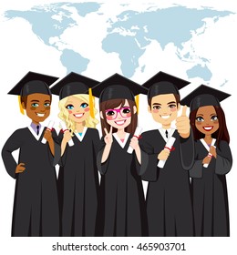 Graduation group of young students with world map on background global diversity concept