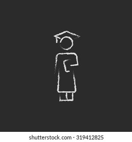 Graduation hand drawn in chalk on a blackboard vector white icon isolated on a black background.