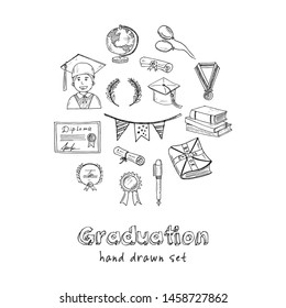 Graduation hand drawn doodle set. Vector illustration. Isolated elements on chalkboard background. Symbol collection.
