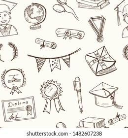 Graduation hand drawn doodle set. Vector illustration. Isolated elements on white background. Symbol collection.