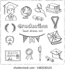 Graduation hand drawn doodle set. Vector illustration. Isolated elements on white background. Symbol collection.