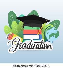 Graduation handwritten calligraphy with graduation cap rests on the book and nd globes, Illustration Vector EPS 10