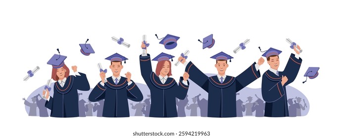 Graduation, happy student character in graduation gown and cap for celebration. Flat vector illustrations.
