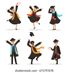 Graduation Of Happy Students At Different Nations. Vector Illustration Of University Lifestyle. Student University, Graduation And Education, Young Character Successful Students