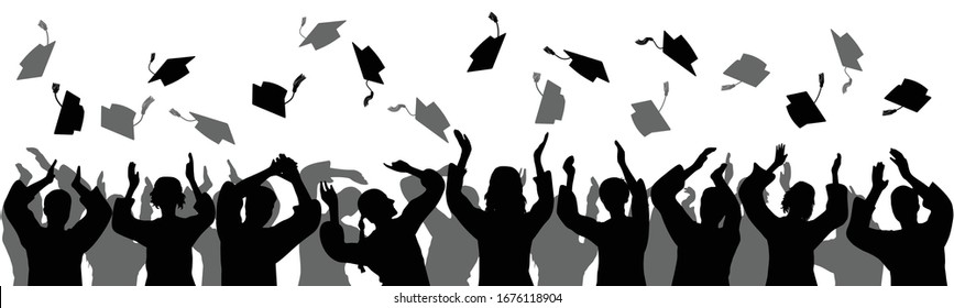 Graduation. Happy students graduates toss up caps. Silhouettes, vector illustration.