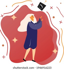 Graduation. Happy young graduated woman. Vector illustration. 