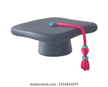 Graduation hat 3d icon. Black university or college cap in plasticine realism style. Volumetric badge for app. Diploma, graduate and education concept. Vector illustration isolated on white background