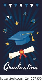 Graduation Hat, Bachelor Cap and Diploma Certificate with Stars on Dark Radial Background. Vertical Story Template. Graduation Celebration Concept for Banner, Card, and Invitation