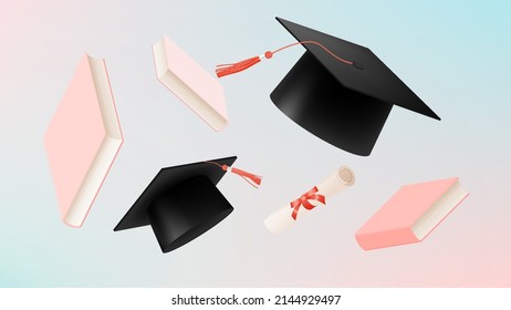 Graduation hat background for education and end of school poster or background concept with pastel color scheme vector illustration