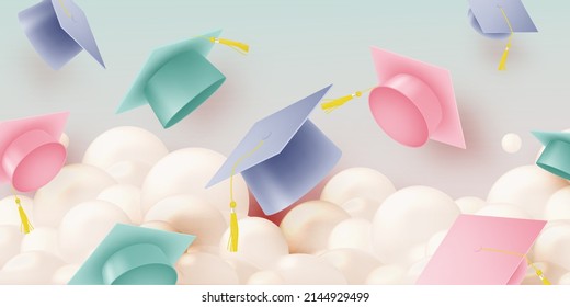 Graduation hat background for education and end of school poster or background concept with pastel color scheme vector illustration