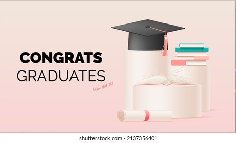 Graduation hat background for education poster or background concept with pastel color scheme vector illustration