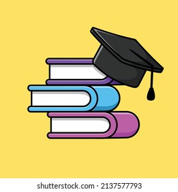 Graduation Hat With Book Cartoon Vector Icon Illustration. Education Object Icon Concept Isolated Premium Vector. Flat Cartoon Style