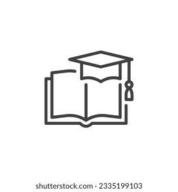 Graduation hat and book line icon. linear style sign for mobile concept and web design. Academic cap with book outline vector icon. Education symbol, logo illustration. Vector graphics