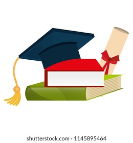 graduation hat with books and diploma