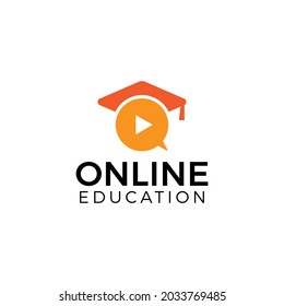 Graduation hat, bubble chat and video symbol. Online education logo icon.