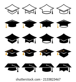 Graduation hat bundle, vector illustration, isolated images on white background. Square academic cap set. Black mortarboard hat with a yellow tassel in different positions, outline contour