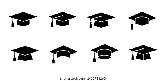 Graduación sombrero gorra iconos colección. Iconos vectoriales de gorra académica. Estudiante ese simple icono. Símbolo de graduación y educación .	