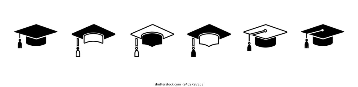 Graduación sombrero gorra iconos colección. Iconos vectoriales de gorra académica. Estudiante ese simple icono. Símbolo de graduación y educación .	