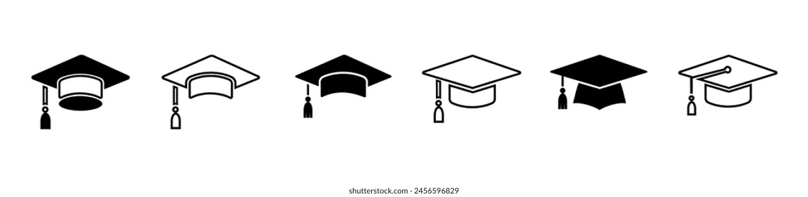 Graduación sombrero gorra iconos colección. Iconos vectoriales de gorra académica. Estudiante sombrero simple icono negro. Símbolo de graduación y educación .	