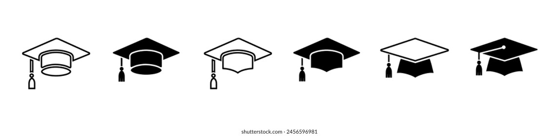 Graduation hat cap icons collection. Academic cap vector icons. Student hat simple black icon. Graduation and education symbol .	