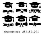 Graduation Hat Cap Icons Set - Certificate, Ribbons, and Award Symbols.This set includes various icons of graduation hats, certificates, award ribbons, and related symbols, ideal for academic projects