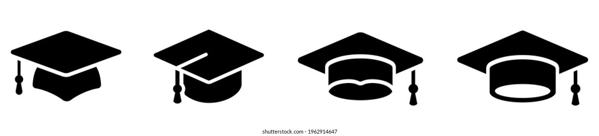 Graduation hat cap icons set. Academic cap. Graduation student black cap and diploma - stock vector.