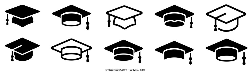 Graduation hat cap icons set. Academic cap. Graduation student black cap and diploma - stock vector.