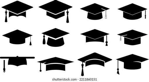 Graduation hat cap icons set. Academic cap. Graduation student black cap and diploma - stock vector