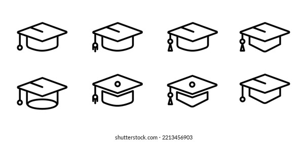 Graduation, die Verschlusssymbole setzt. Akademische Mütze. Studierende schwarze Mütze und Diplom - Stock-Vektorgrafik.	
