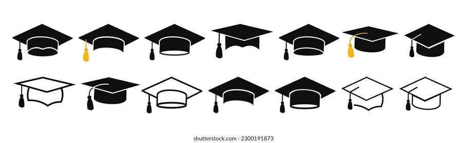 Graduation hat cap icons set. Academic cap. Graduation student black cap and diploma - stock vector.