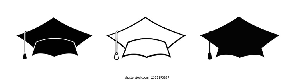 Graduation hat cap icons set. Academic cap. Student hat outline and filled vector sign - Vector.