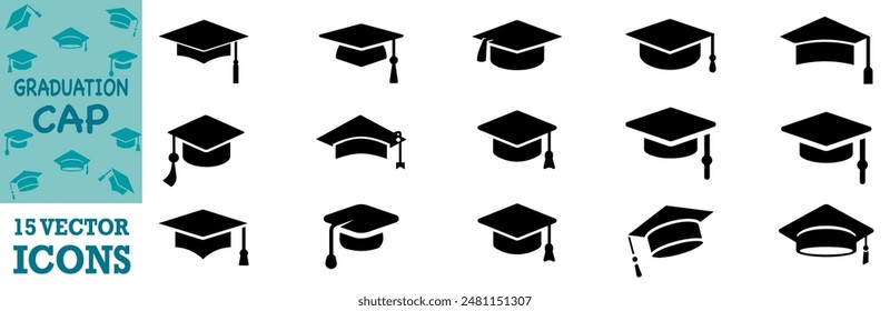 Conjunto de iconos de gorro de graduación. Gorra académica. Gorra negra y diploma de estudiante de graduación. Ilustración vectorial. Gráfico de Vector. EPS 10