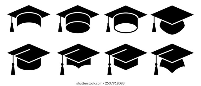 Graduação chapéu ícones definir. Logotipo preto cap acadêmico. Estudante de graduação black cap, certificado, fitas. Ilustração de vetor.